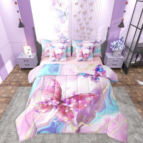 Image of Floral Marble Butterfly 7 Pieces Bedding Set Twin,Pink Blue Tie Dye Bed in a Bag,Elegant Marble Texture Bed Set Includes Comforter,Sheet Set,Pillowcases & Pillow Covers,Modern Aesthetic Bedroom Decor