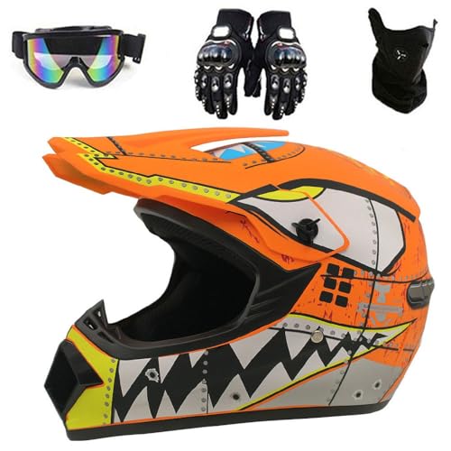 Casques Motocross Adulte avec Lunettes Gants Écran Facial, Casques Intégraux Hommes ATV MX Casques Moto Cross Quad Bike Enduro Scooter Dot Homologué(Orange,L(56-57cm))