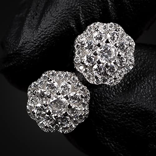 White Gold Rhodium 925 Sterling Silver Unisex Hypoallergenic Iced Cz Round Flower Cluster Hip Hop Round Honey Comb Set Screw Back Stud Earrings For Men And Women2