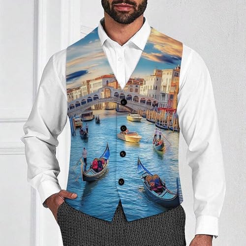 Rialto Bridge And Gondolas in Venice Mens Slim Fit Suit Vest Dress Waistcoat Casual Business Vest2