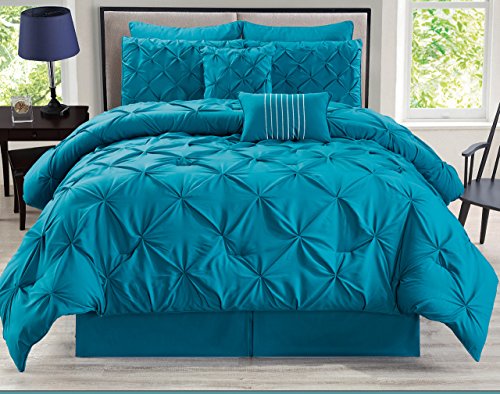 KingLinen 8 Piece Rochelle Pinched Pleat Teal Comforter Set Queen