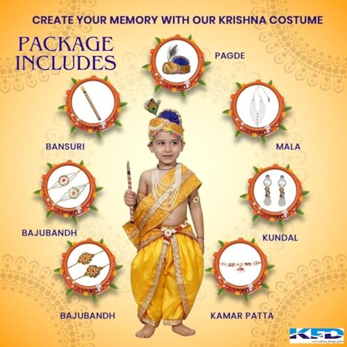Image of Kaku Fancy Dresses Krishna Costume With Dhoti For Boy /Janmashtami /Bal Gopal Dress /Kanha Costume /Bal Krishna /Mythological Costume For Boy - Yellow-Red, 1-2 Years