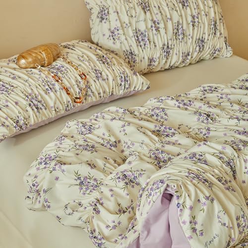 Image of VM VOUGEMARKET Shirred Duvet Cover Set Twin,Vintage Purple Floral