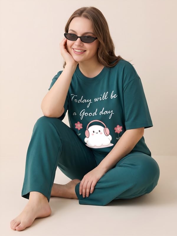 Image of My Swag Women Cotton Pajama Set Cute Cartoon Graphic Printed Night Suit for Women & Girls /Plus Size Nightsuit Set /Korean Night Suit