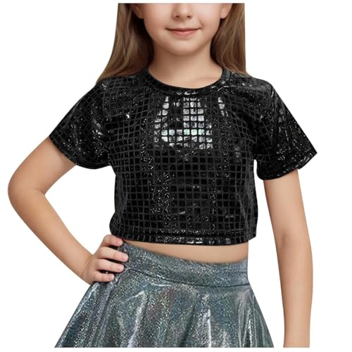 Girls Metallic Shiny Crop Tops Short Sleeve Sparkly Sequin Disco