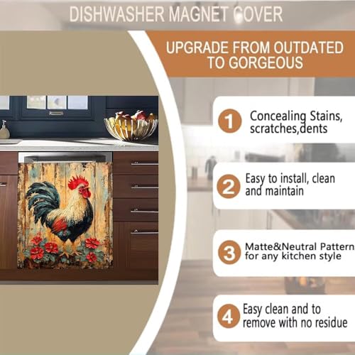 Rooster Safflower Dishwasher Magnet Cover,Wood Grain Appliance Wrap Protector,Farmhouse Style Refrigerator Cover Vinyl Sticker for Kitchen Decor Decal,23" W x 26" H by Generic - Used condition - Image 3