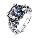Merthus Antique 925 Sterling Silver Floral Band Created Mystic Rainbow Topaz Gemstone Ring for Women