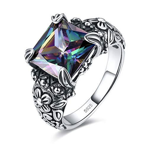 Merthus 4.25CT Princess Cut Simulated Mystic Rainbow Topaz Antique Design Black Oxidized Finish 925 Sterling Silver Floral Band Gemstone Ring for Women