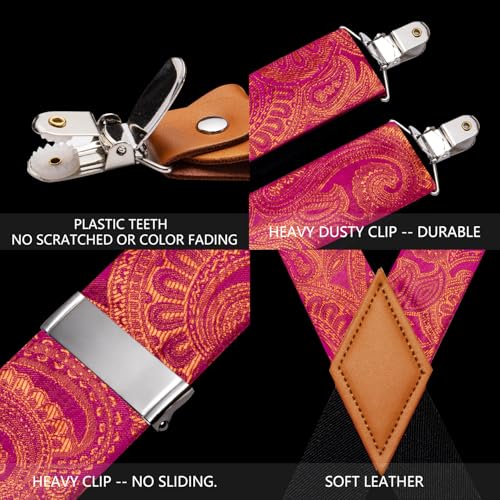 Image of Barry.Wang Men Suspender Set with Necktie Elastic Y Type Heavy Duty 6 Clips Braces Tie Handkerchief Cufflink Pin 6PCS