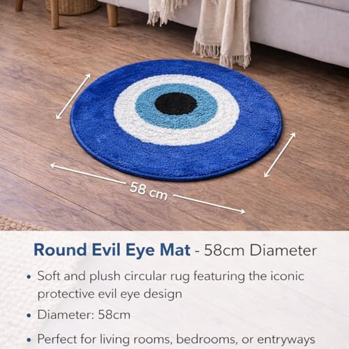 Image of Adequate Decorative Super Soft Round Evil Eye Rangoli Door Mat, Blue, Microfiber, Doormat for Home Entrance| Bedroom| Bathroom| Kitchen| Living| Pooja Room| Temple| Floor mat (Round Evil Eye mat)