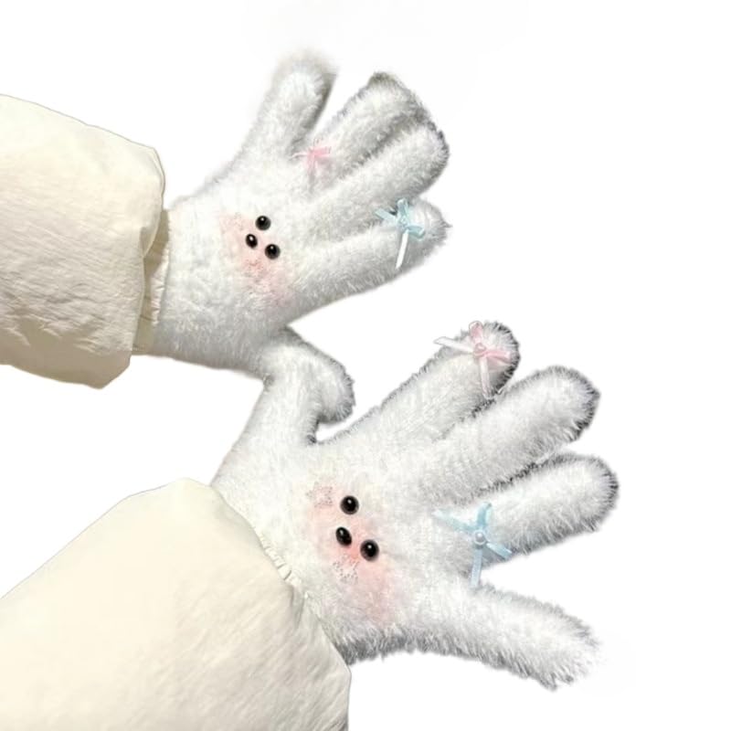 Cute White Winter Gloves Kawaii Bear Warm Thick Furry Thermal Gloves Gothic Coquette Bow Preppy Arm Sleeve Warmers (White,Onesize)