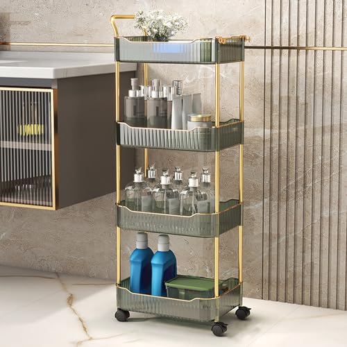 Carrito rodante acrílico transparente, carrito utilitario de 4 niveles para cocina y baño, organizador de almacenamiento móvil con asa y ruedas con bloqueo, elegante estante rodante.