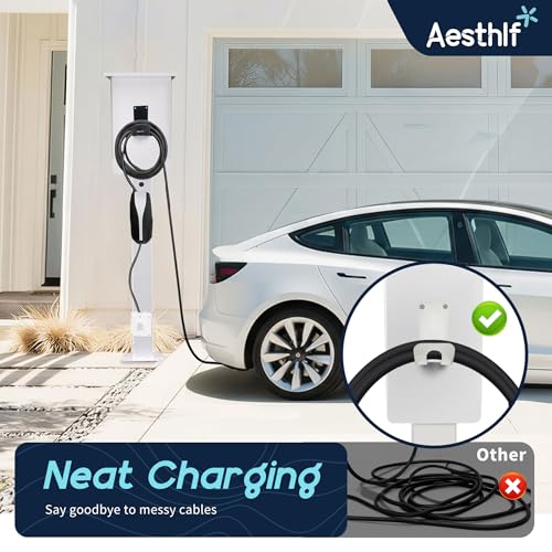 Image of Outdoor EV Charger Pedestal for Tesla & J1772 Charger with Roof | Heavy-Duty Rugged Stand, Anti-wobble Stable Base, Anti-Rust Finish, Handy Organizer Keeps Cable Tidy, Rain & Leaf Protection