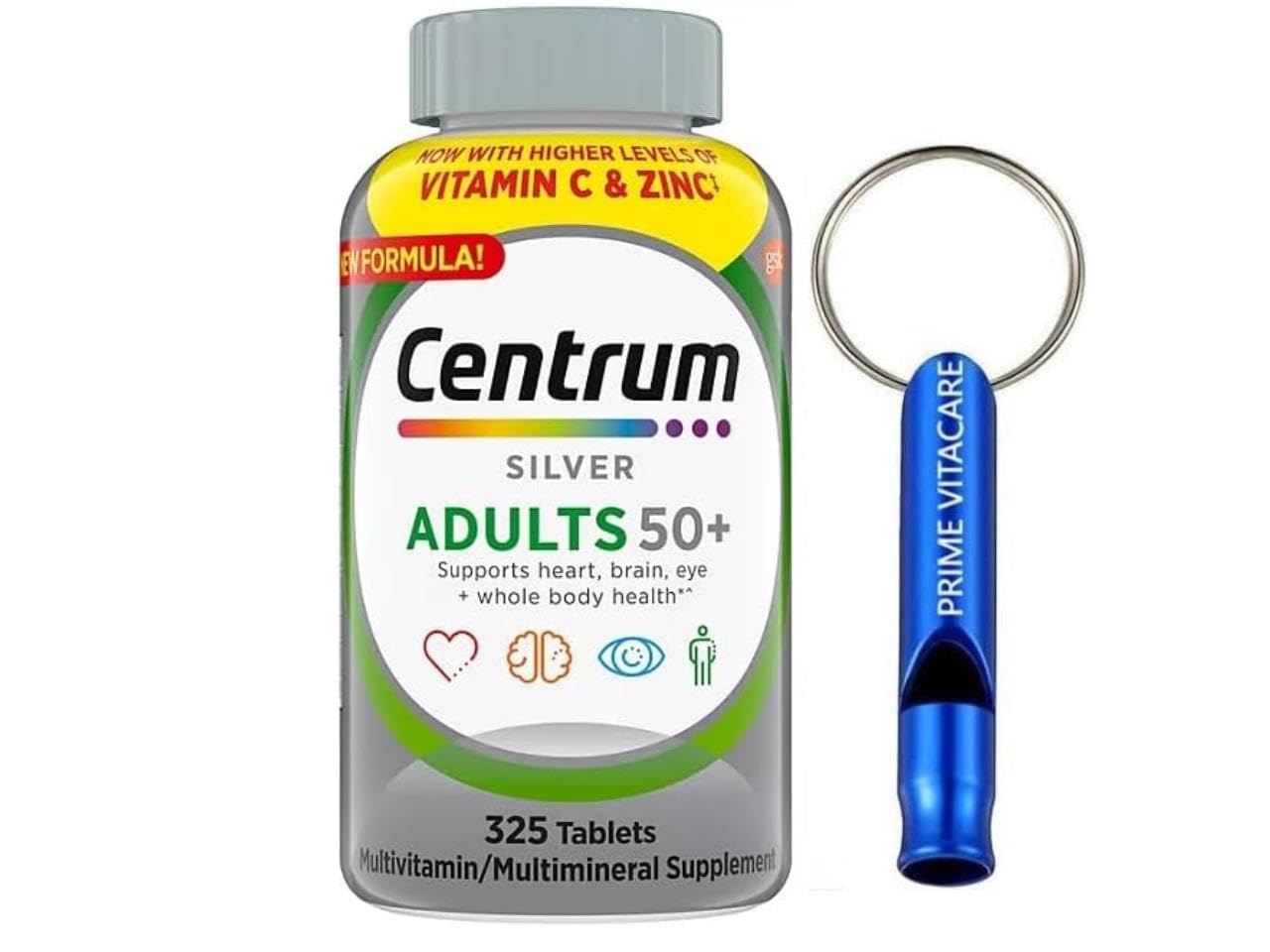Centrum Silver Adults Multivitamin for Adults 50 plus, Multivitamin Supplement 325 Tablets + with Emergency Whistle Keychain for Ourdoor