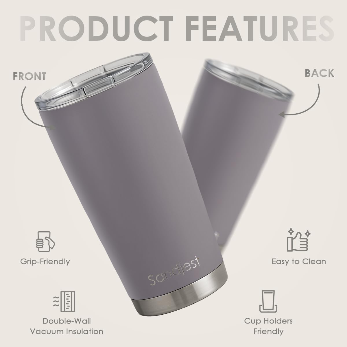 SANDJEST Gray Tumbler 20oz Stainless Steel Double Wall Vacuum Insulated, Travel Coffee Cup, Gifts for Men Women Birthday Christmas - Image 2