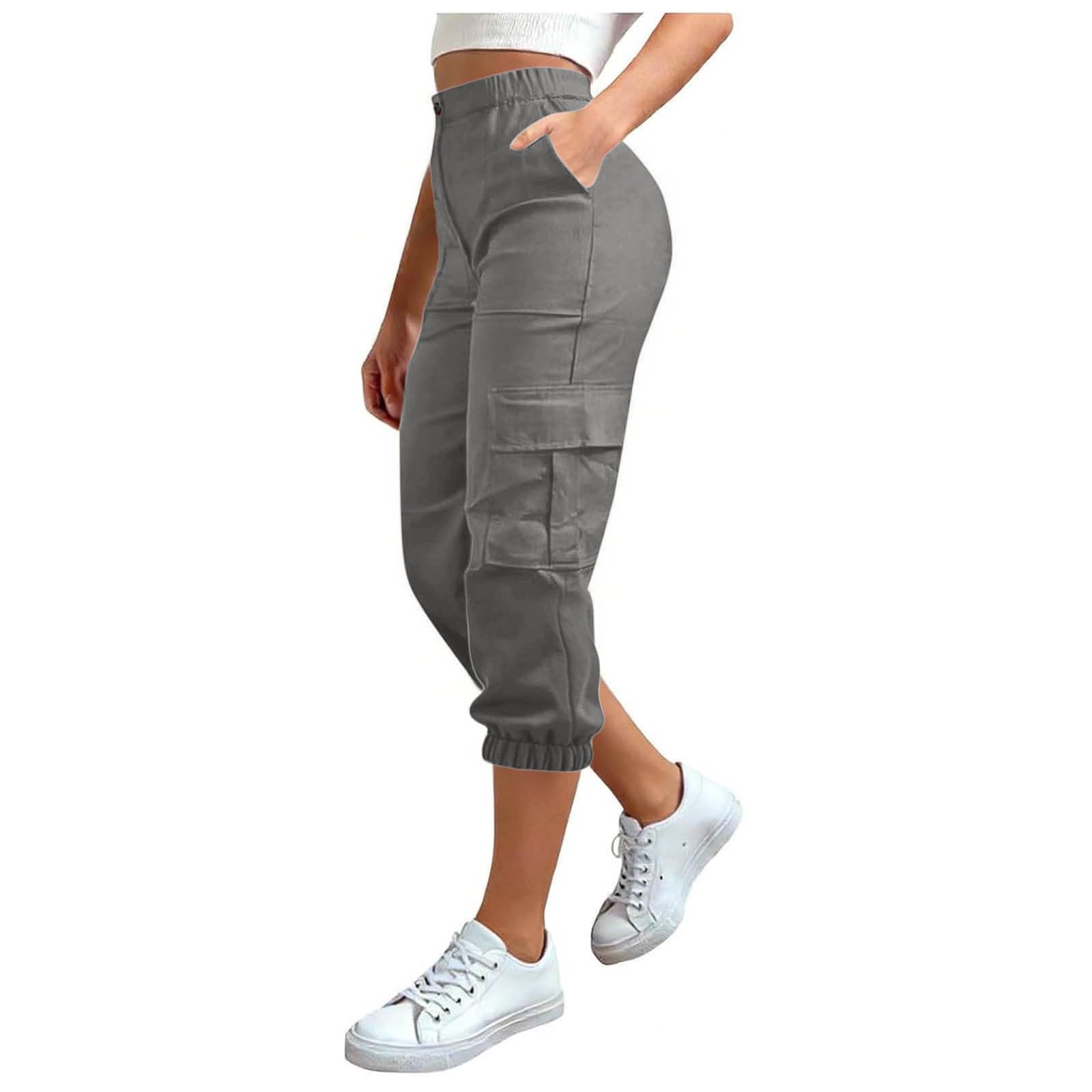 Pantalon Cargo Femme 3/4 Pantalon Cargo, D'été Pantalon avec, Poches, Décontracté Pantacourt, Jogger Taille Elastique Casual Sportswear, Couleur Unie Respirant