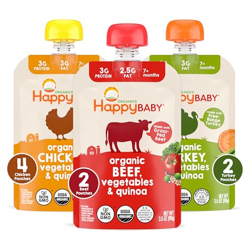 Happy Baby Organics Savory Blends Stage 3 Baby Food Puree, Meats & Veggies 3 Flavor Variety Pack (Pack of 8), Amazon Exclusive