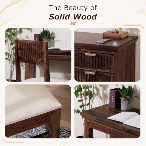 Image of NSH Solid Sheesham Wood Study Table with Chair | Wooden Writing Desk with Drawer & Door Storage | Pre-Assembled Computer Desk Workstation for Home Office & Study Room | Teak Finish