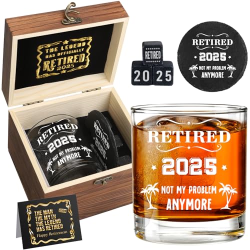 Retirement Gifts for Men- Retired 2025 Not My Problem Anymore Whiskey Glass Set, Funny Retirement...