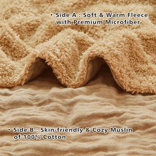 EMME Muslin and Fleece Twin Blanket Reversible - 60"*80" Beige Soft Warm Throw Blankets for Couch Bed Picnic Travel Bed