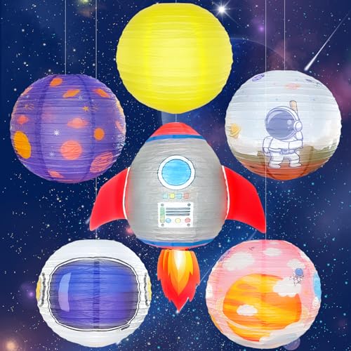 6 PCS Planet Paper Lanterns, Outer Space Astronauts Rocket Party Decorations, Hanging Solar System Planets Lantern for Kids Space Theme Birthday Science Baby Shower Decorations Classroom Decor