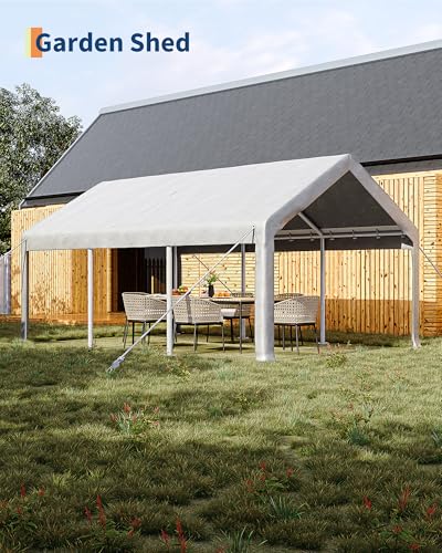 10x20 Ft Carport, Car Port with 200g PE Tarp, Roll-Up Doors, and 4 Windows, for Sedans, Bass Boats, Motos, ATVs, and SUVs, White