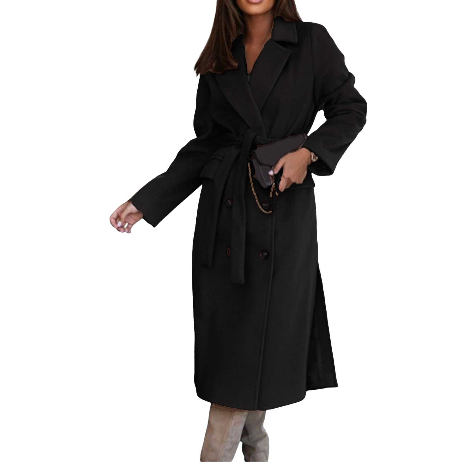Womens Double Breasted Lapel Trench Coat Classic Solid Color Casual Cardigan Jacket Slim with Belt Outerwear