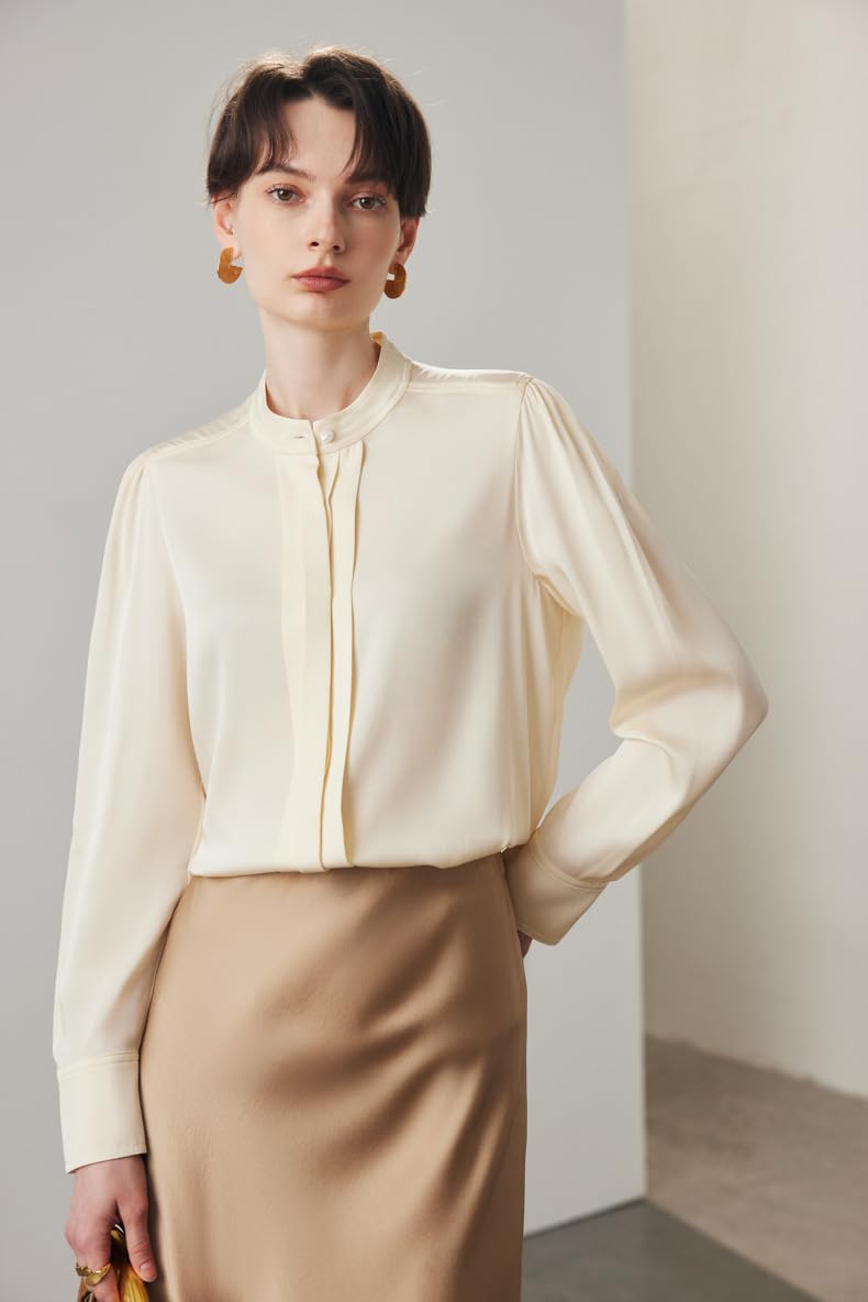 Camisa de Oficina Blanca de Seda Crepe elástica para Mujer