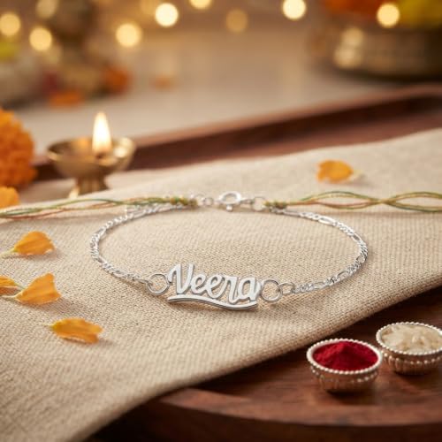 Image of Parnika 925 Pure 92.5 Sterling Silver Bro Floral Mor Pankh Flute Evil Eye Veera Shankh Rakhi Bracelet for Brother | Hallmarked Silver Raksha Bandhan Rakhi | Premium Adjustable Rakhi Gift