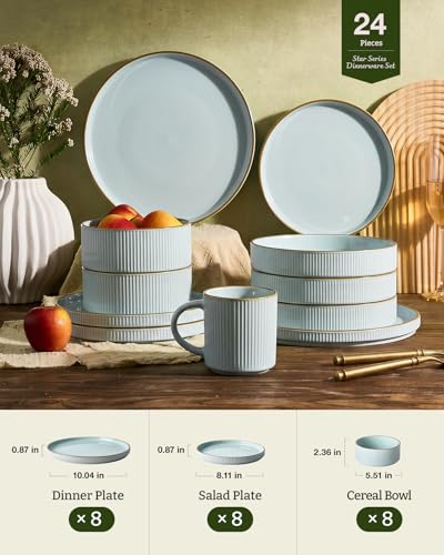 Image of Famiware Stoneware Dinnerware Sets for 8, Rimmed Plates, Bowls, Blue Dishes