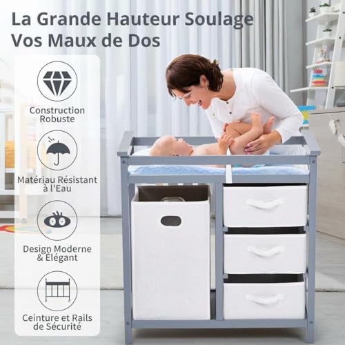 Table à Langer Bébé avec Commode 3 Tiroirs et Matelas Imperméable Garvee - 5