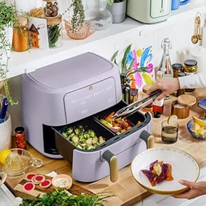 Beautiful 9 QT TriZone Air Fryer with Touch-Activated Display, 1700W, Dual Baskets, Non-Stick, Dishwasher Safe, Large Capacity by Drew Barrymore (Lavender) Beautiful 9 QT TriZone Air Fryer with Touch Activated Display 1700W Dual Baskets Non Stick Dishwasher Safe Large Capacity by Drew Barrymore Lavender