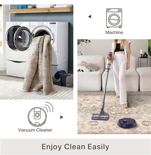 vivorug 8x10 Neutral Area Rugs for Living Room, Non-Slip Backing Washable Rug 8x10, Beige Large Area Rug Soft Carpet for Bedroom Dining Room, Vintage, Easy Clean, Durable, Low Pile Rug Under Table