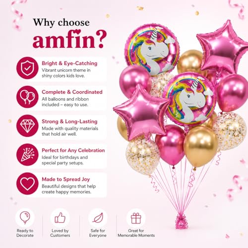 Image of AMFIN (Pack of 20) 17 Inch Unicorn Theme Birthday Balloon Bouquet Pink Multi Chrome Metallic Finish Foil Latex Confetti Women Girls Decoration Item Kit Head Rainbow