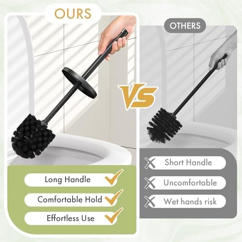 Toilet Bowl Brush and Holder Set 2 Pack with 4 Extra Brush Heads | Extra Long Handle with Splash Guard Cover, Tool-Free Installation, Bathroom Space-Saving, Cleaner Sets for Apartments, RV (Black) - 4