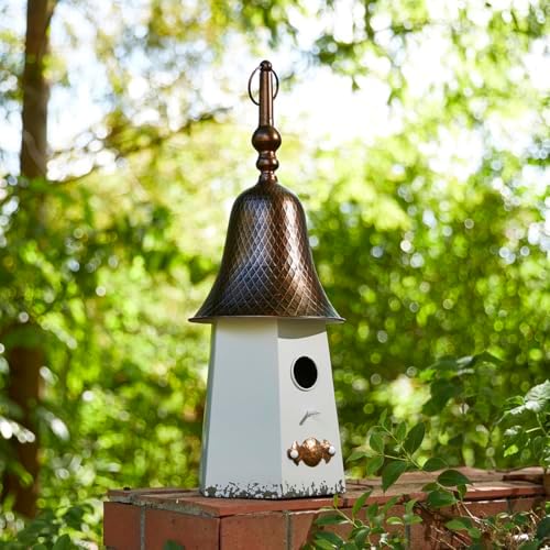 best metal birdhouses that will transform your outdoor space 7 Glitzhome 24" H Metal Hanging Birdhouse for Outdoors, Farmhouse Pagoda Painted Decorative Bird House with Bell Roof for Bluebird Wren Chickadee Sparrow Bird Nest Box for Garden Patio, Washed White