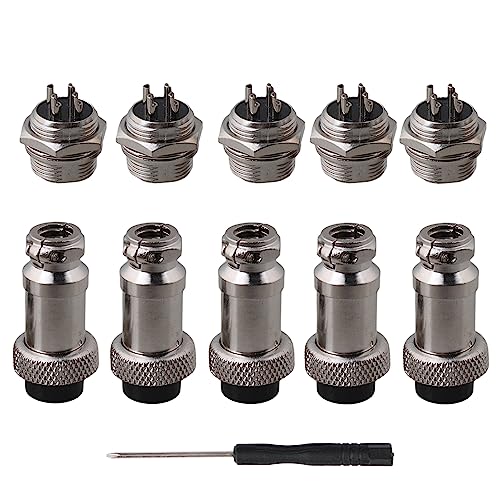 BQLZR Silver Aviation Plug 4-Pin 16mm GX16-4 Metal Male Female Panel Connector Pack of 5