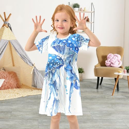 ALAZA Girls' Dresses Watercolor Blue Spotted Jelly Fish Aquarium Life Marine Animals Ocean Deep Sea Short Sleeve Dresses3