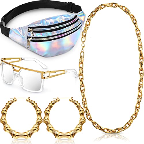 Epakh Hip Hop Woman Costume Kit Including Fanny Packs Transparent Sunglasses Faux Gold Rope Chain and Round Hoop Earrings