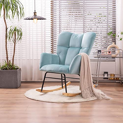 Image of Nursery Rocking Chair for Baby, Indoor Velvet Fabric Nursing Chair, Modern Upholstered Glider Rocker Armchair with High Backrest for Bedroom Office Living Room (Cyan Blue)