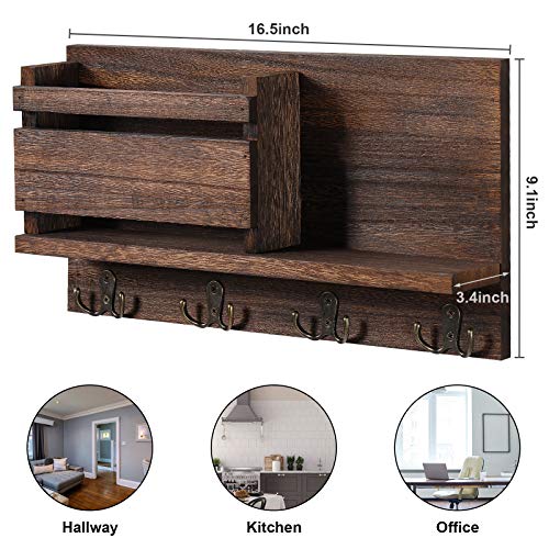 Key And Mail Holder For Wall Decorative - Rustic Mail Organizer Wall Mount, Wooden Letter Sorter Organizer With 4 Key Rack Hooks For Hallway Kitchen Farmhouse Decor (16.5” X 9.1” X 3.4”) (Brown) #TOP6