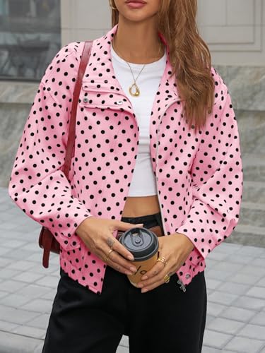 Image of Tankaneo Womens Zip Up Cropped Jackets Polka Dot Oversized Jackets Spring Lightweight Trendy Casual Coats