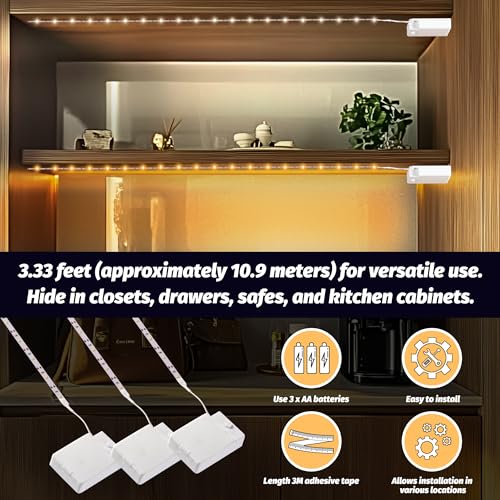 Image of Battery Powered Under Cabinet Lighting, Wireless LED Strip Lights for Kitchen Under Cabinet Shelves Under Counter Closet Cordless Click Light (Warm White, 3 Pack)