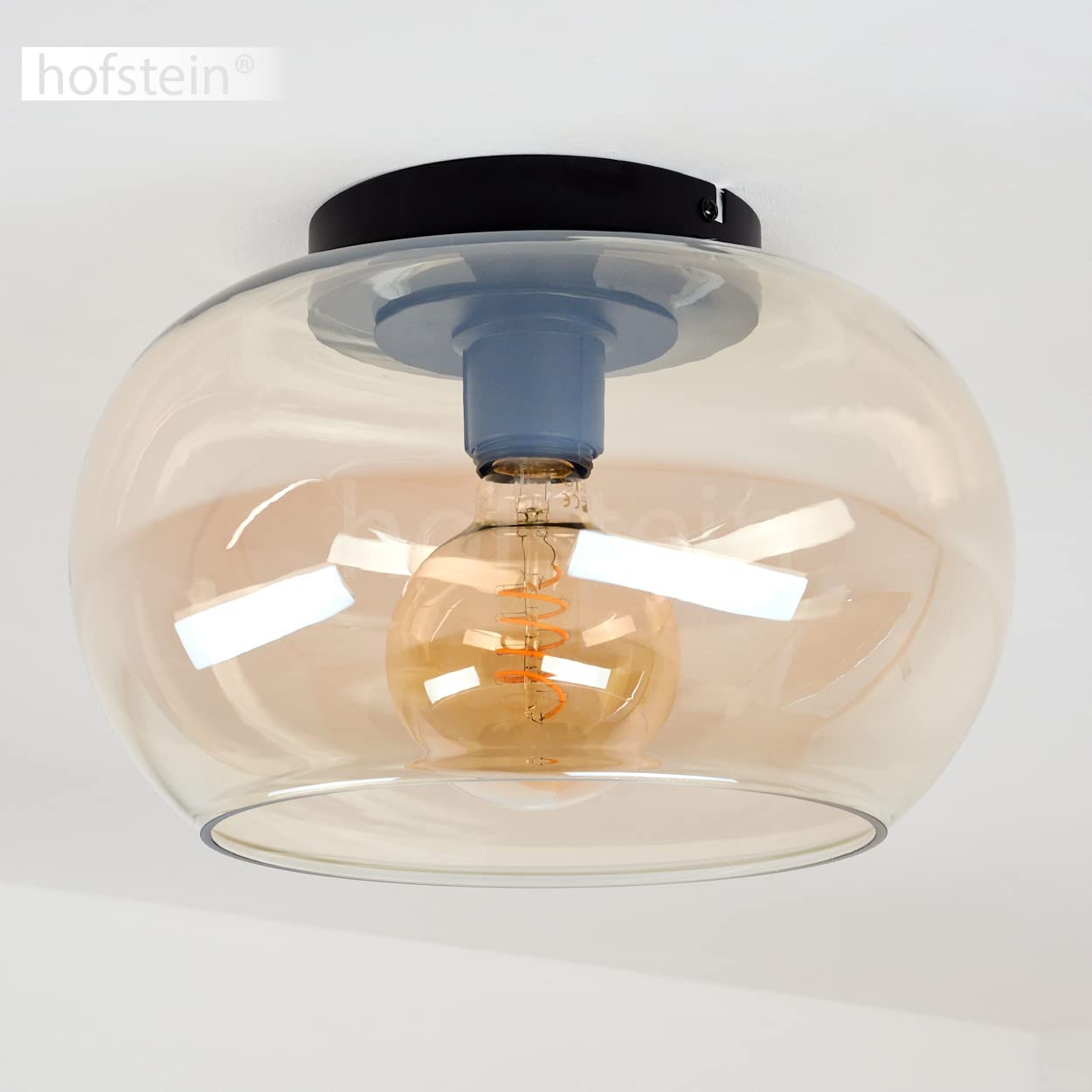 Lampada da soffitto Molloy, lampada da soffitto moderna in metallo/vetro in nero/ambra, lampada a 1 luce dal design retrò/vintage con paralume in vetro (Ø 31 cm), 1 x E27, senza lampadina/e