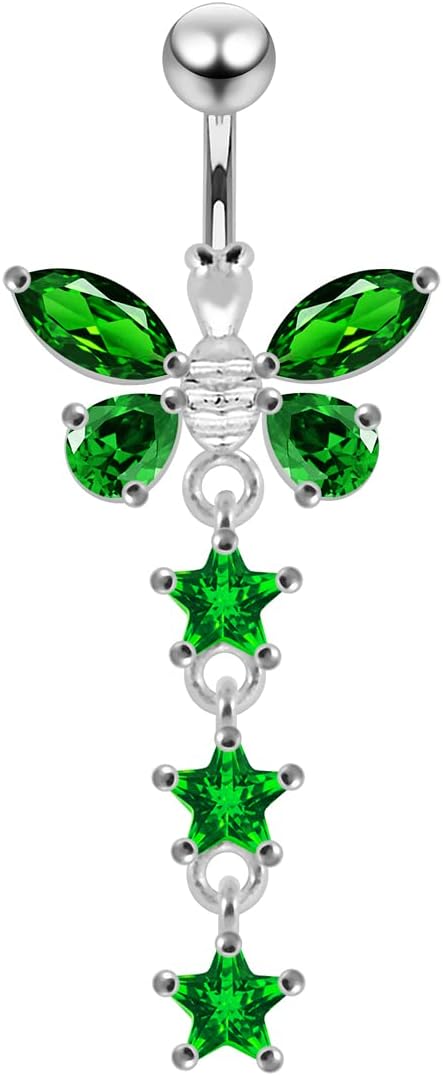 Dragonfly with Triple Star Dangling Design 925 Sterling Silver with Stainless Steel Belly Ring - Belly Button jewelry - Navel jewelry