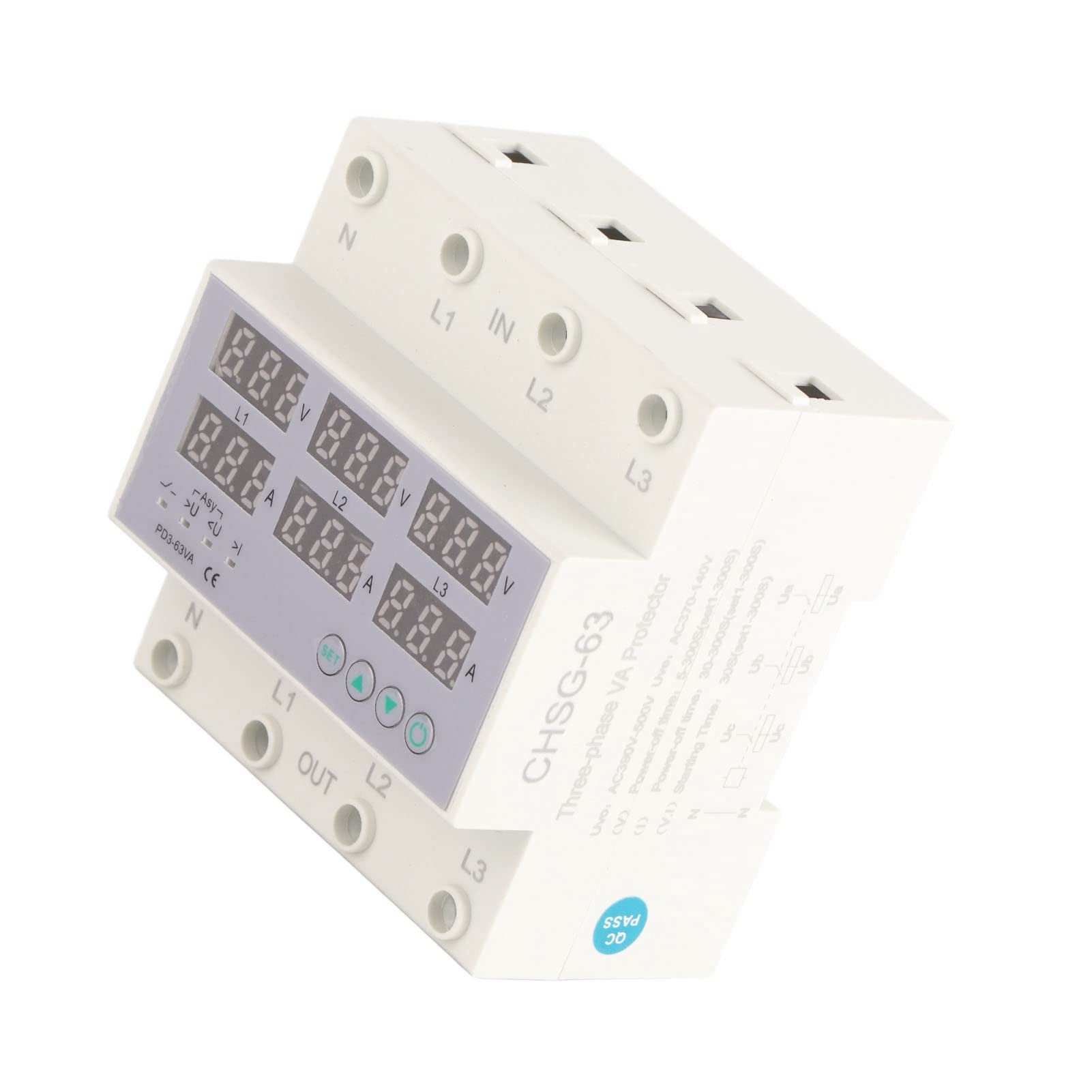 Voltmetro e Amperometro Trifase su Guida DIN con Protezione Sovracorrente e Sovratensione, 390-500 V CA 63A