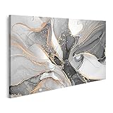 islandburner Bild auf Leinwand Hochauflösende Luxus Abstrakte Flüssigkunst Tuschetechnik Gemisch Grau Schwarz Gold Wandbild Poster Kunstdruck Bilder 100x57cm