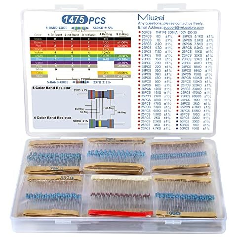 Miuzei 1475 Stück Widerstand Sortiment enthält 52 Resistor Werte Kit 1/4W ± 1% Hochgenaues Metallfilm 0 Ohm to 5,6M ohm Widerstände Set 50 Stück IN4148 Switching Diodes Elektronik DIY-Projekt Cover