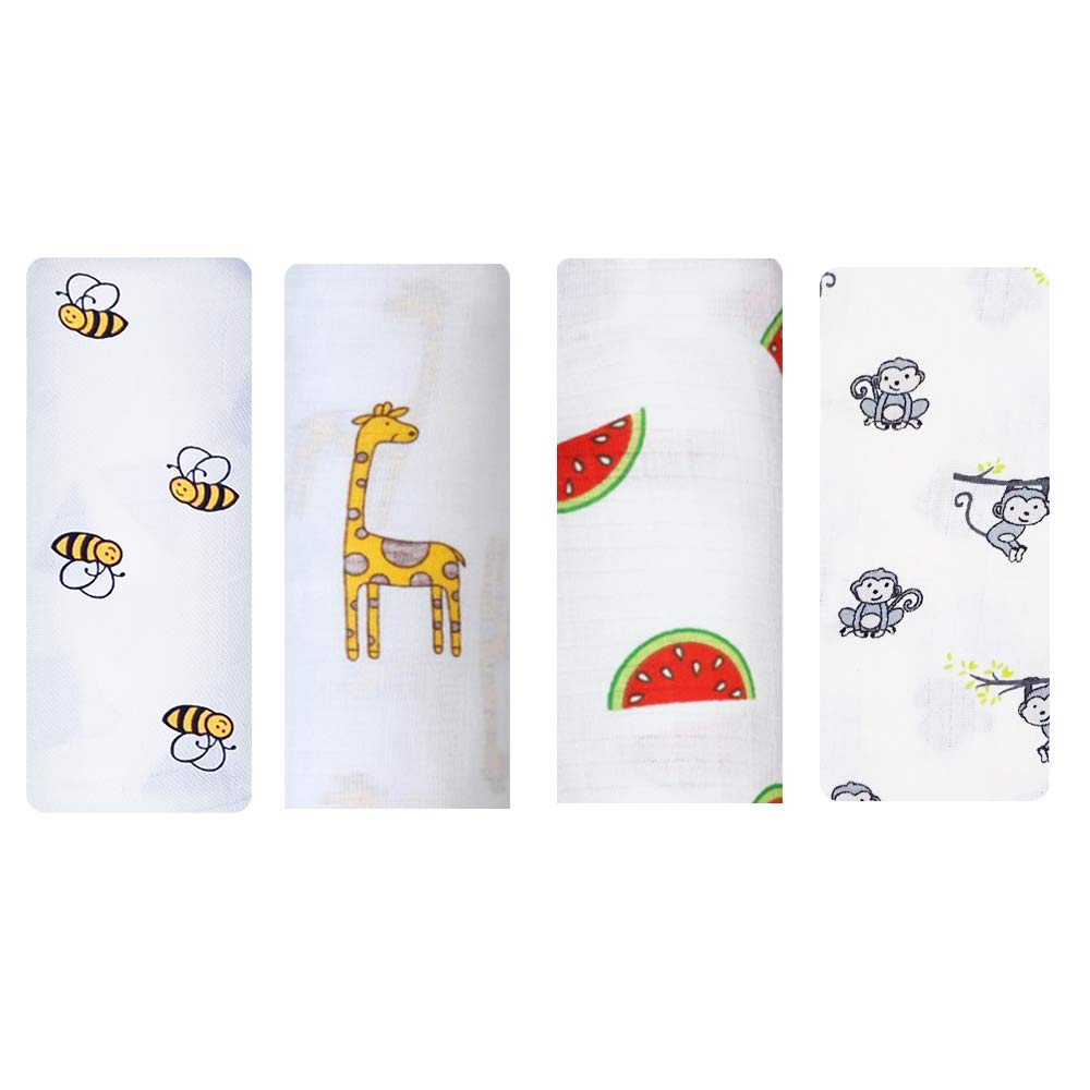 Swaddle Wrap for new Born Organic Soft Muslin Cotton Baby Summer Blanket 120 cm X 120 cm - Bee_Ziraf_Watermelon_Monkey