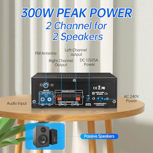 Image of Daakro AK45 Amplifier Stereo Receiver Bluetooth 5.0 Power Amp 2 Channel 300W Home Audio Amplifier w /USB /SD Card /BT /Mic Input for Home /Garage /Ceiling /Passive Speaker Theater System